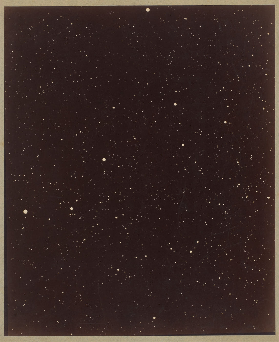A photograph of part of the night sky in the constellation Cygnus, 13 August 1885, printed from a glass negative.